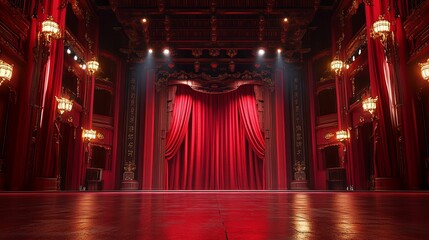 Grand theater stage, illuminated with rich red curtains.