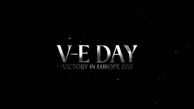 V-E Day lettering text animation with elegant sparkling silver on transparent background