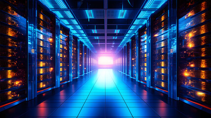 A spacious, well-lit server room with rows of servers and glowing blue lights, illuminated by a bright light source at the end of the corridor.