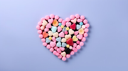 A colorful heart-shaped arrangement of assorted candies on a purple background.