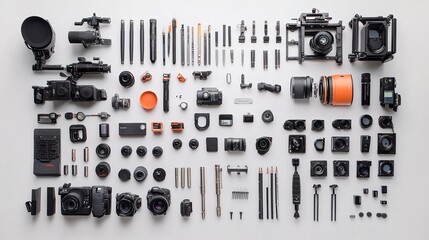 A meticulously arranged collection of professional filmmaking equipment, showcasing a stunning array of cameras, lenses, and accessories against a clean white background.