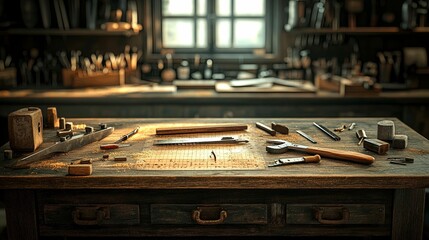 Old workshop workbench, filled with tools and materials.