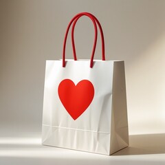 A white paper gift bag with red handles and a large red heart on the front, standing upright on a white background with soft shadows.