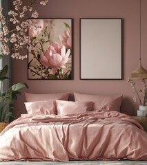Elegant pink bedroom with floral decor, soft bedding, and minimalistic artwork for cozy living space ambiance