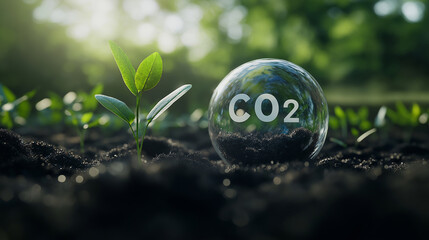 A transparent sphere featuring the CO2 formula sits on rich soil as plants grow tall, highlighting the connection between carbon reduction strategies and a healthy, sustainable eco