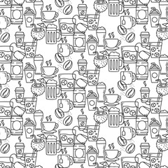 Coffee Lovers Doodle Pattern Seamless Monochrome Design