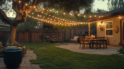 A warm evening backyard gathering illuminated by fairy lights strung beneath a sprawling tree, creating a magical ambiance with soft lighting and a lush green lawn.