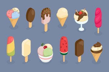 Flat isometric vector Ice cream illustration set. Cold and sweet summer dessert in popsicle stick, cone and cup.