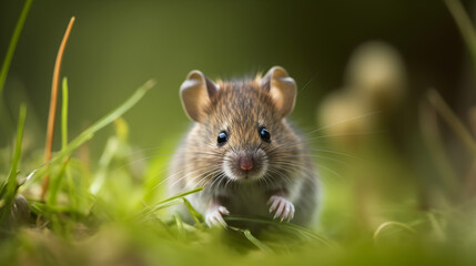 Obraz premium A small mouse with brown fur and black eyes, standing on green grass with a blurred green background.