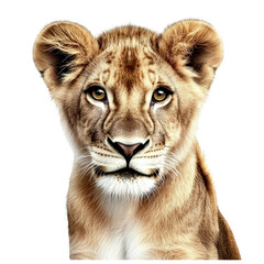 Fototapeta premium Close-up of a young lion cub with a detailed facial expression showing his curious and gentle nature, isolated on a white background, high-resolution photography