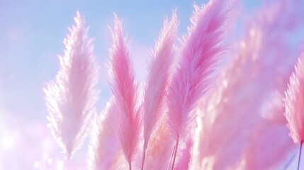 Delicate pink pampas grass swaying gently in a sunlit field, bathed in soft light and a dreamy, ethereal glow.