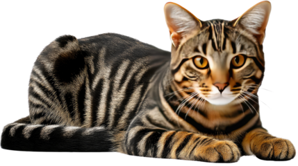 Majestic Cat's Gaze: The stunning cat gazes at the camera with striking yellow eyes, its distinctive coat pattern is a visual delight. A portrait of domestic tranquility.