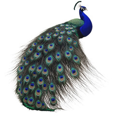 Obraz premium Elegant peacock displaying vibrant blue green plumage with intricate eye patterns iconic long tail feathers and striking regal posture isolated on white background