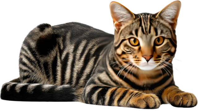 Majestic Cat's Gaze: The stunning cat gazes at the camera with striking yellow eyes, its distinctive coat pattern is a visual delight. A portrait of domestic tranquility.