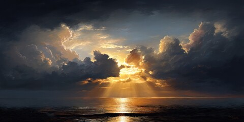 Dramatic sea sunset with light rays piercing clouds. Peace and hope concept