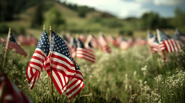 American Flags in a Field: A solemn display of American flags fluttering gently in the breeze amidst a peaceful meadow, symbolizing remembrance and patriotism under a bright sky.