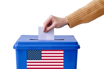 Hand of a young woman putting a ballot in a ballot box with american US flag, voting for presidential election in USA, vote in America isolated on transparent background, png file