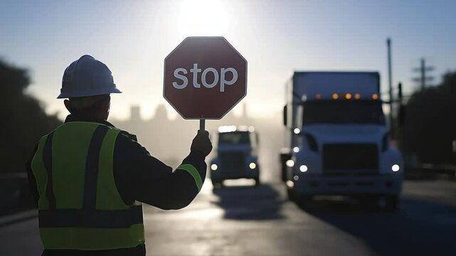 A high‑visibility construction flagger raises a red stop sign to halt trucks at dawn. Concept of road safety and traffic control responsibility.

