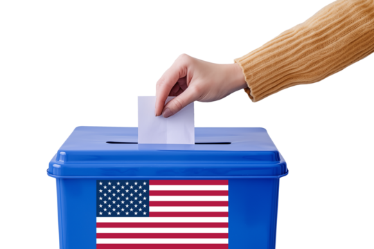 Hand of a young woman putting a ballot in a ballot box with american US flag, voting for presidential election in USA, vote in America isolated on transparent background, png file