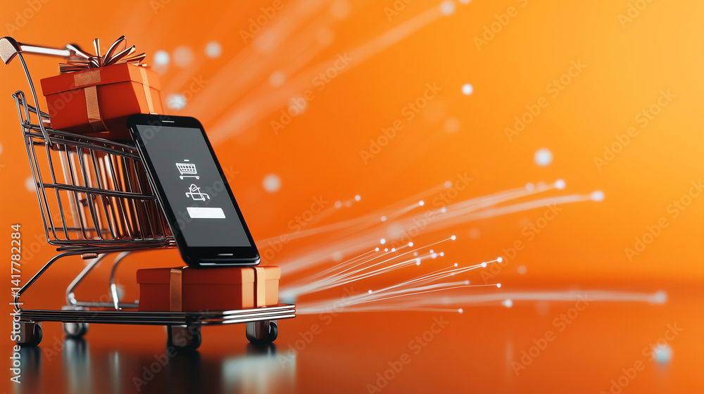 Poster shopping concept visualized with a trolley, gift box, mobile phone displaying a one-click purchase b