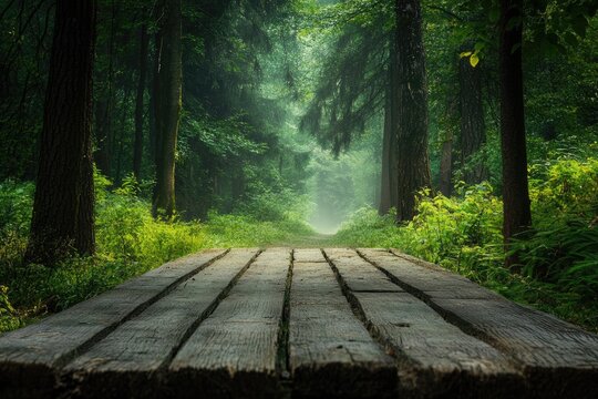 Wooden walkway in a misty forest