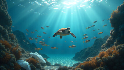 Fototapeta premium A sea turtle swims gracefully, sunlit turquoise water surrounded by coral reefs and small fish, with plastic bags on the sandy bottom, highlighting the contrast between marine life and pollution.