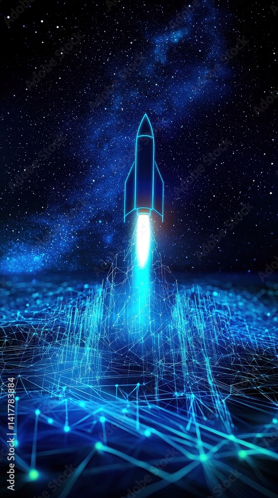 Poster a futuristic rocket launching into a starry sky, surrounded by digital elements and a glowing networ