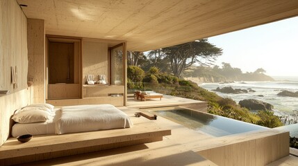 Fototapeta premium Coastal Modern Bedroom with Ocean View Pool