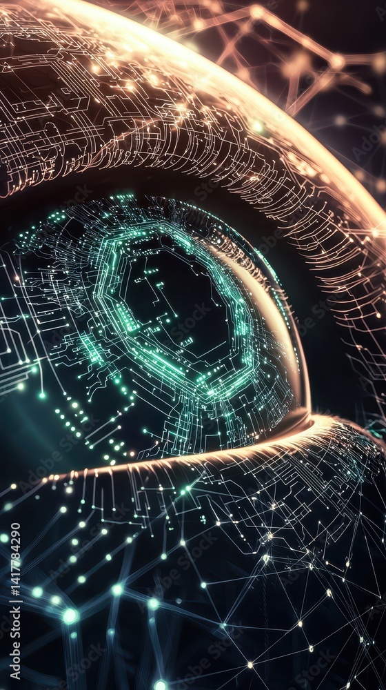 Poster a close-up of a futuristic, digital eye with intricate circuits and glowing patterns, symbolizing te