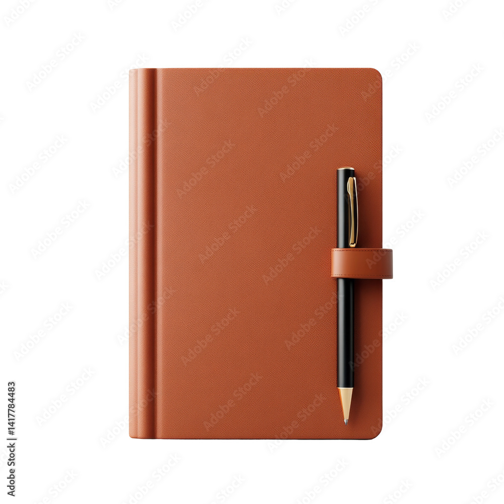 Poster brown notebook with black pen attached by loop for writing and note taking