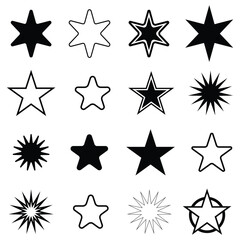 Sparkle Star Icon Set - Vector Stock Illustration. Different forms of stars, constellation, Black and White Star Shape Icon Collection 

