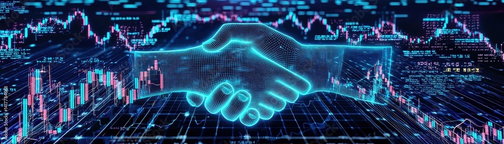 Poster a digital handshake symbolizes partnership and collaboration in a tech-driven financial environment,