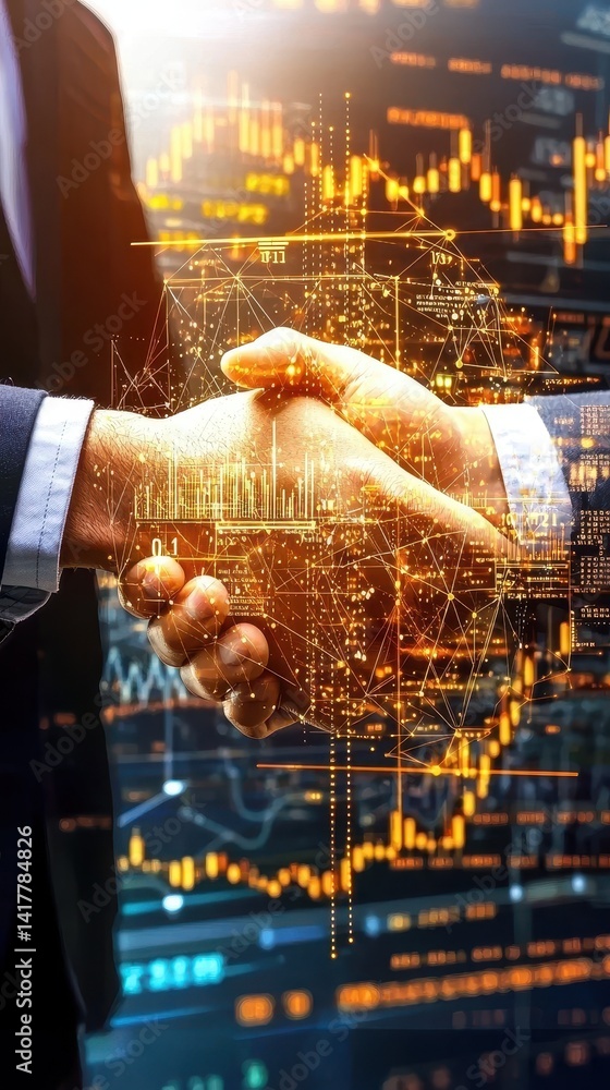 Poster a digital handshake symbolizes collaboration and success in the finance and technology sectors, with