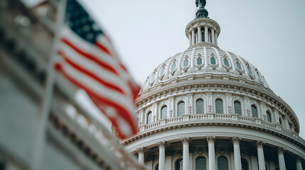 United States Capitol: The iconic dome of the United States Capitol building stands tall beneath a cloudy sky, with the American flag waving proudly in the foreground. A symbol of democracy.