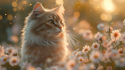 Feline beauty in a field of flowers during golden hour