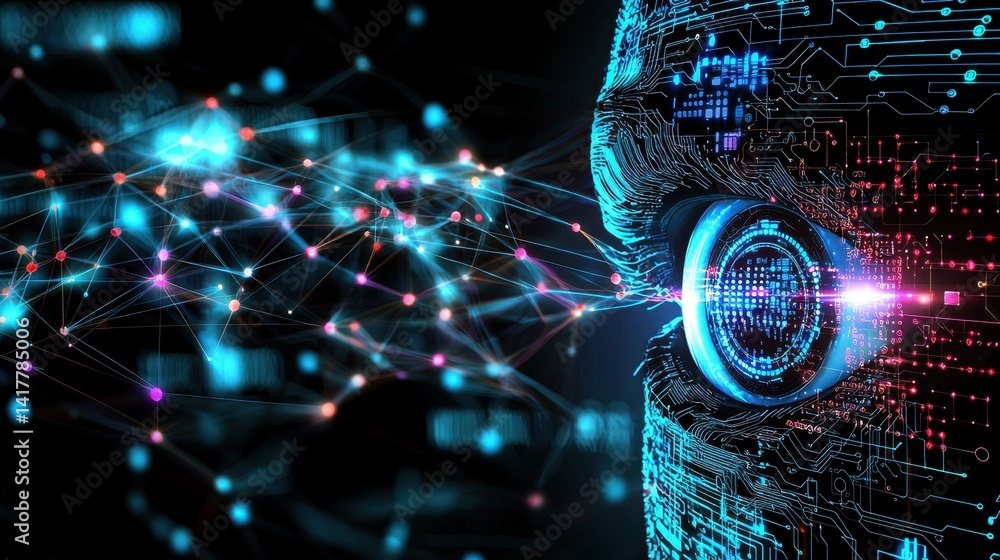 Poster a digital eye with vibrant blue and purple circuitry, representing technology and artificial intelli