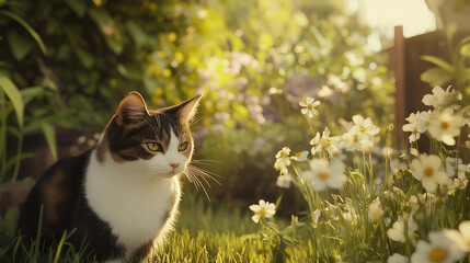 Cat enjoying a sunny afternoon among blooming flowers in a vibrant garden