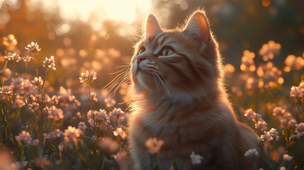 Cat appreciating the beauty of a blooming meadow at sunset in a tranquil outdoor setting