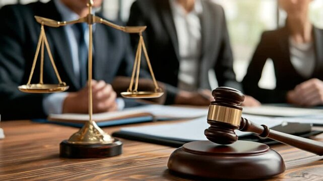 A dark wooden gavel rests beside balanced brass scales on a lawyer&rsquo;s desk during formal consultation. Concept of impartial justice and legal authority.