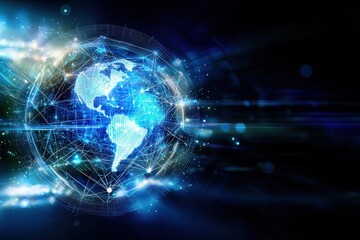 Obraz premium A digital representation of Earth, interconnected with glowing lines and data points, set against a dark background, symbolizing global connectivity and technology.