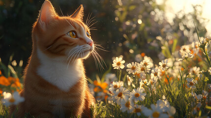 Cat enjoying a sunny afternoon among wildflowers in a vibrant garden