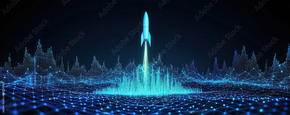Poster a futuristic rocket launches from a vibrant, digital landscape filled with glowing data points and a