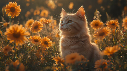 Majestic cat basking in a field of vibrant flowers during golden hour