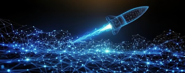A futuristic rocket launching through a network of glowing blue lines, symbolizing advanced technology and space exploration.