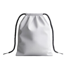 White fabric drawstring bag with black cord and soft texture