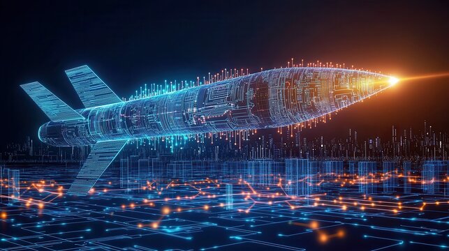 A futuristic digital missile design projected over a cityscape with glowing circuitry and vibrant lights, symbolizing advanced technology and innovation.