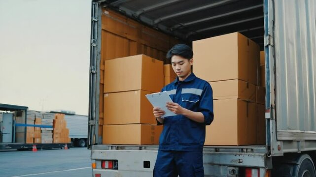 A freight handler in navy coveralls cross‑checks paperwork while pallets of parcels await dispatch. Concept of quality control and seamless supply chain flow.