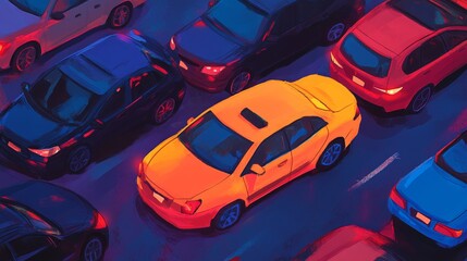 City traffic jam in vivid colors cars in gridlock at night