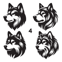 create 4 dog head silhouette vector on white background 