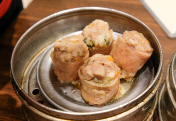 Bacon-wrapped dimsum in a Chinese restaurant in Baguio City.